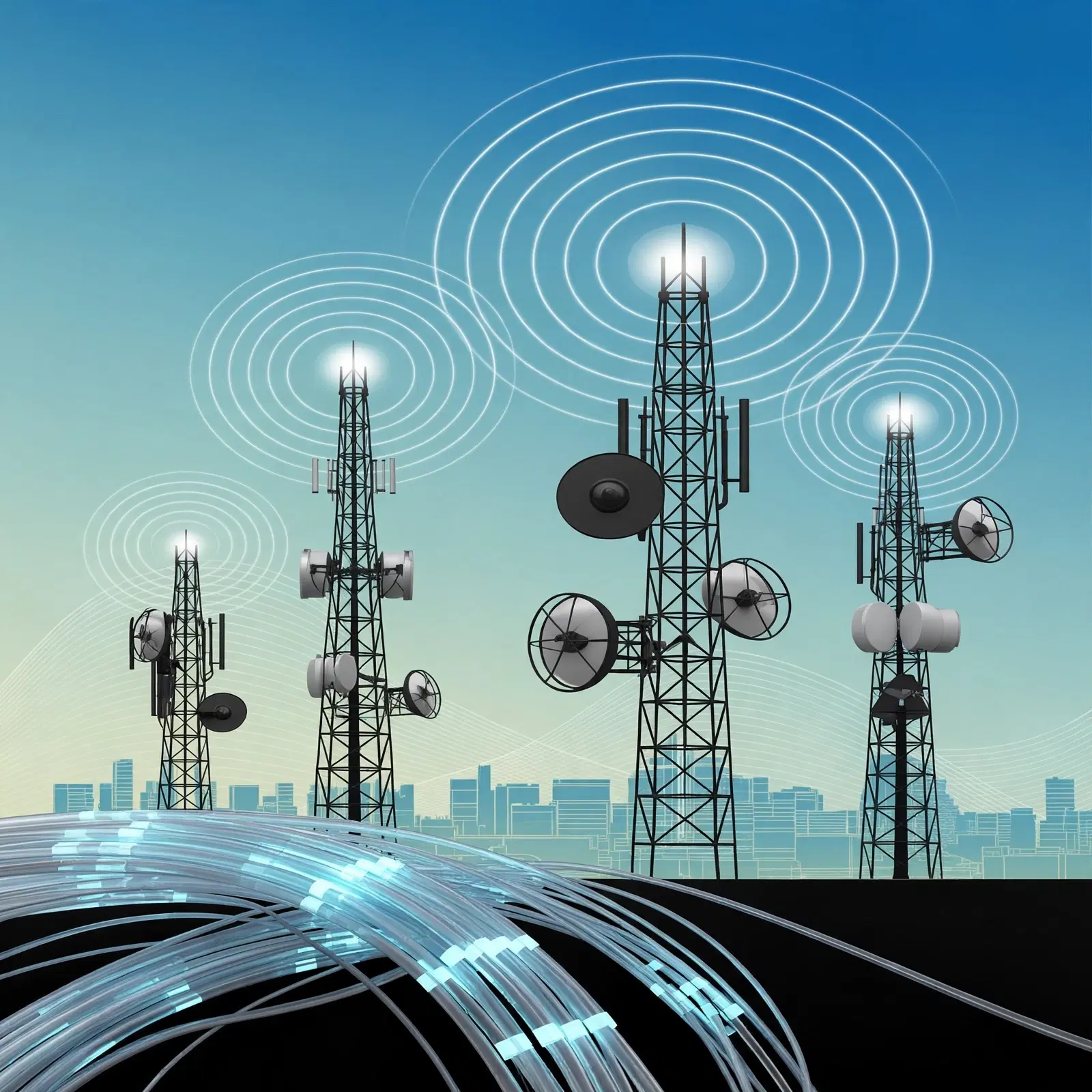 Telecom masts and antennas broadcasting across a city skyline